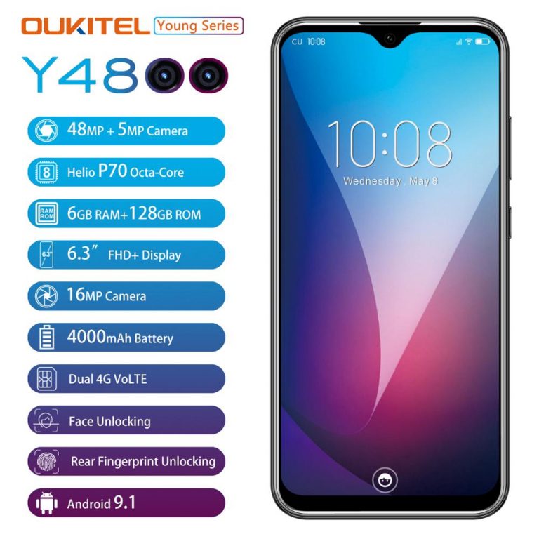 OUKITEL Y4800 Android 9.0 Mobile Phone 6.3"19.5:9 FHD Octa Core Face ID