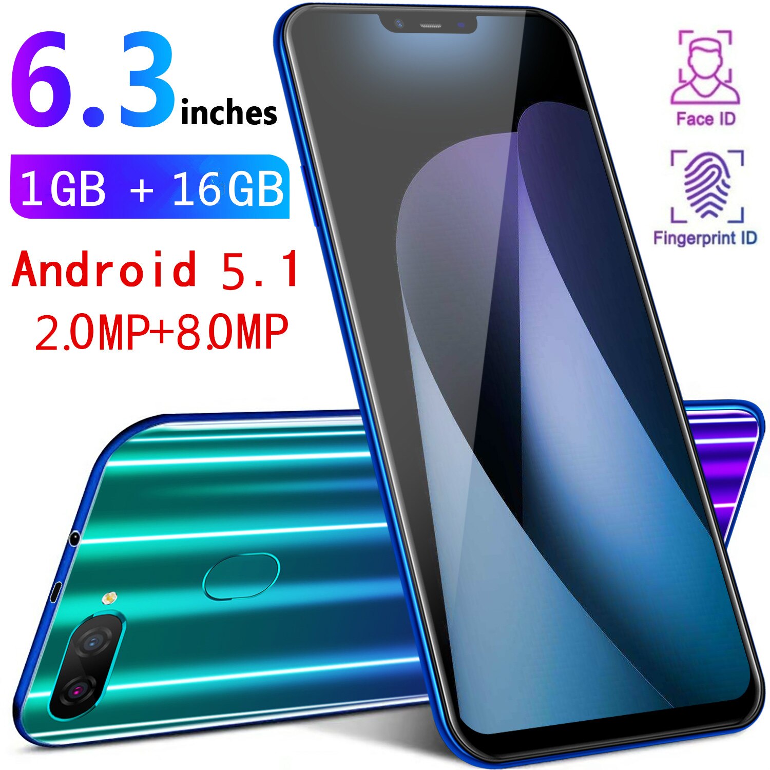 Smartphone M8 Global Version 1gb RAM 16gb ROM Smart Cell Phone Quad core 6.3 inch Telephone Dual Sim