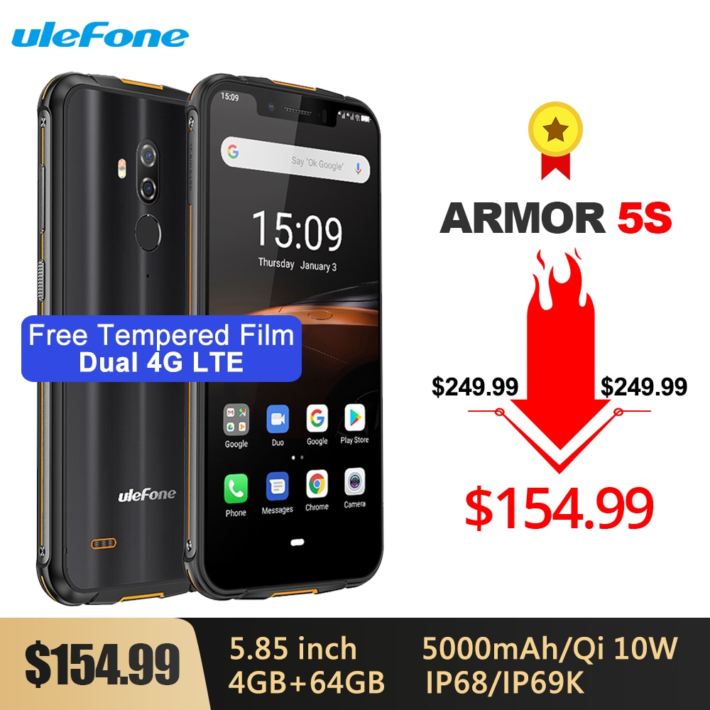 Ulefone Armor 5S Waterproof IP68 NFC Rugged Mobile Phone 5.85'' Octa-core Android 9.0 4GB+64GB Wireless Charge 4G LTE Smartphone