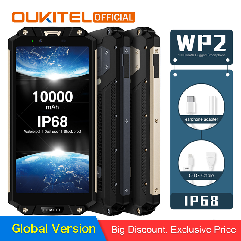 Oukitel WP2 4GB 64GB Mobile Phone 6.0" 18:9 Ip68 Waterproof MT6750T Octa Core Android 8.0 10000mAh 16MP Fingerprint Smartphone