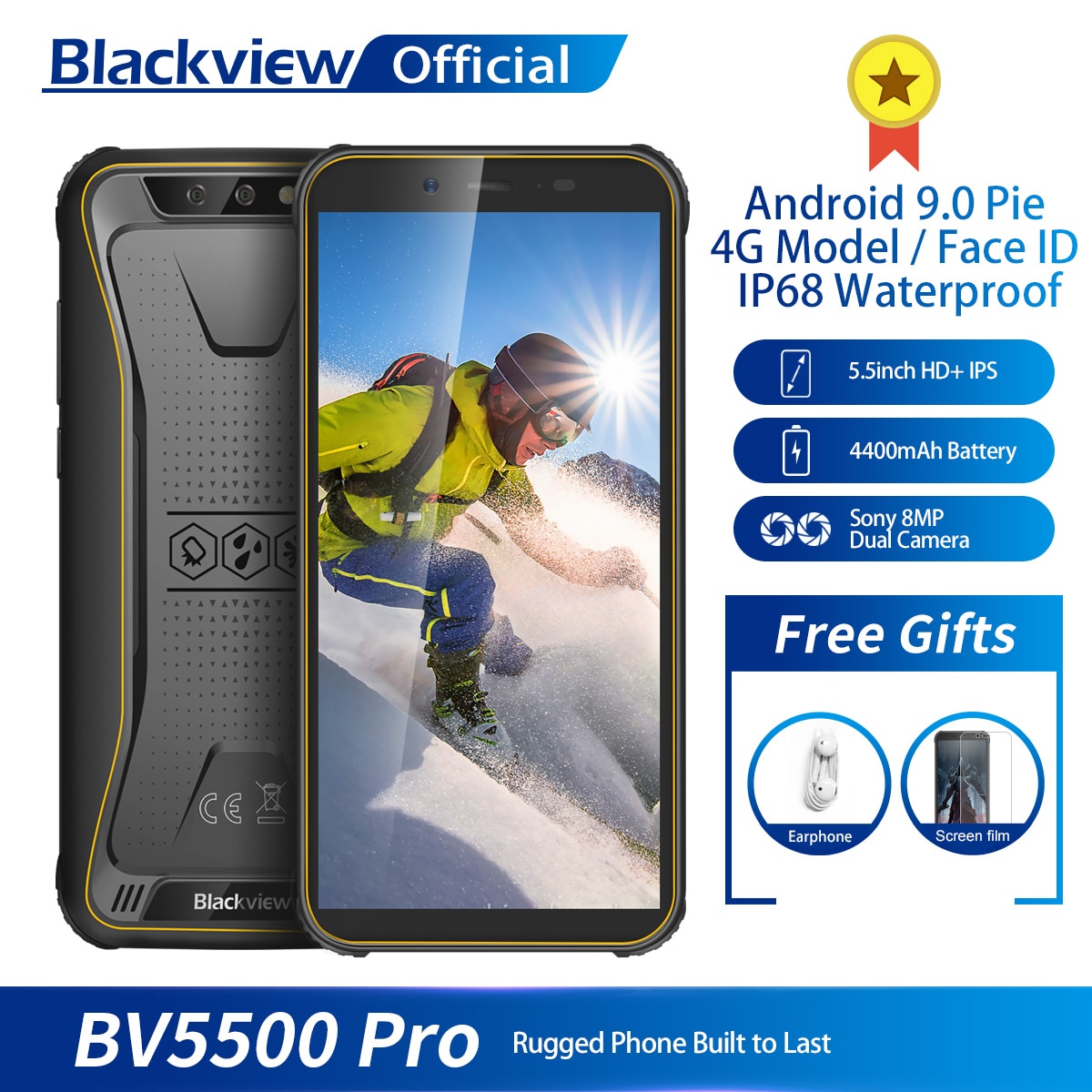 Blackview BV5500 pro IP68 Waterproof 4G Mobile Phone 3GB+16GB 5.5" Screen 4400mAh Android 9.0 Pie Dual SIM Rugged Smartphone