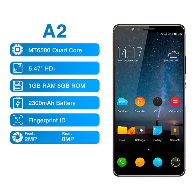 Elephone A2 5.47" 18: 9 Mobile Phone Android 8.1 MT6580 Quad Core HD+ 1GB 8GB 8MP+2MP Fingerprints ID Smartphone