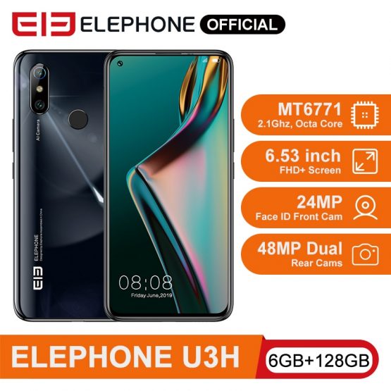 ELEPHONE U3H Helio P70 Octa Core Smartphone 6GB 128GB 6.53" FHD+ Screen 48MP Dual Rear Cam 24MP Selfie Face Unlock Android 10