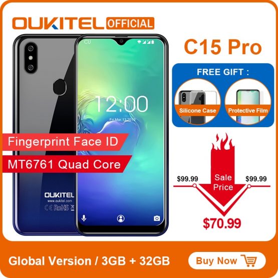 OUKITEL C15 Pro Android 9.0 Mobile Phone 3GB 32GB MT6761 Fingerprint Face ID 4G LTE Smartphone 2.4G/5G WiFi Waterdrop Screen