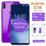 A stylish OUKITEL C16 smartphone with a sleek waterdrop screen, dual cameras, and modern biometric features, showcased with its lightweight design.