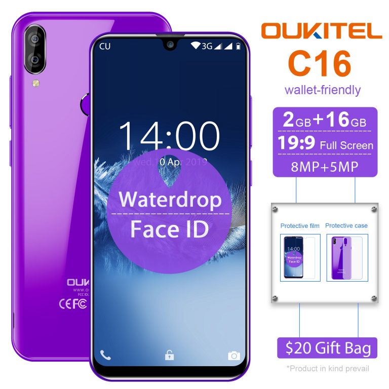 OUKITEL C16 Smartphone β Sleek Waterdrop Screen with Fingerprint and Face ID A stylish OUKITEL C16 smartphone with a sleek waterdrop screen, dual cameras, and modern biometric features, showcased with its lightweight design.