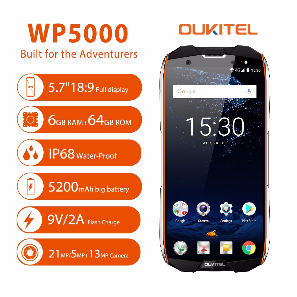 2018 Oukitel WP5000 Waterproof IP68 5.7"16MP MTK6763 Octa Core 6GB+64GB 5200mAh Fingerprint ID 4G Military Mobile Smartphone