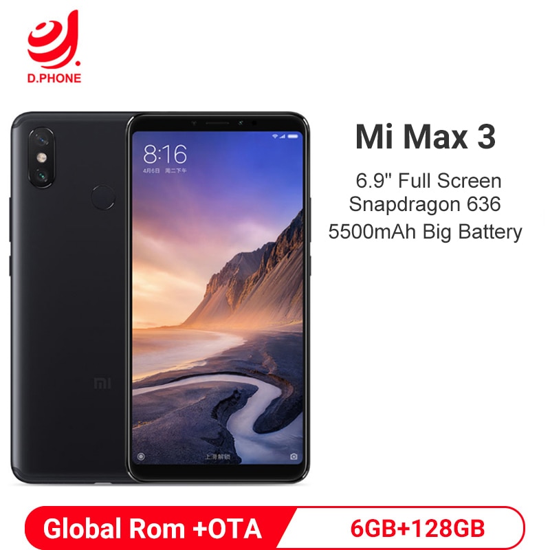 Global Rom Xiaomi Mi Max 3 6GB 128GB Mobile Phone 5500mAh 6.9" Full Screen Snapdragon 636 Octa Core Dual Camera Smartphone