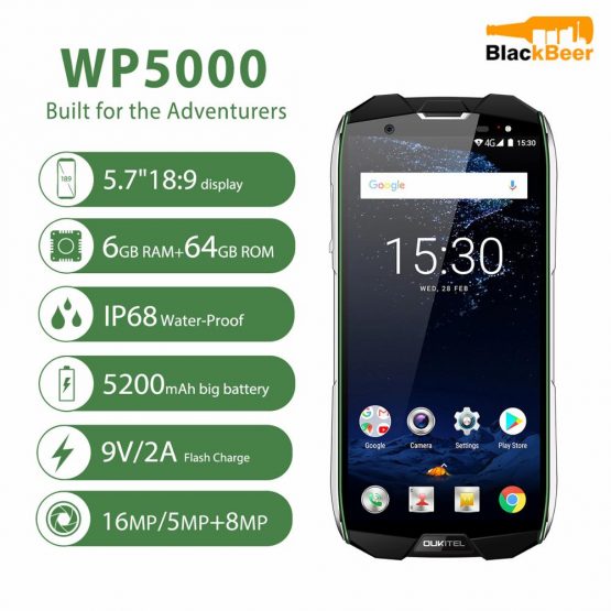 OUKITEL WP5000 Android 7.1 Mobile Phone IP68 Waterproof Octa Core 5.7" 18:9 Smartphone 64GB 9V/2A Fast Charge 5200mAh Cellphone