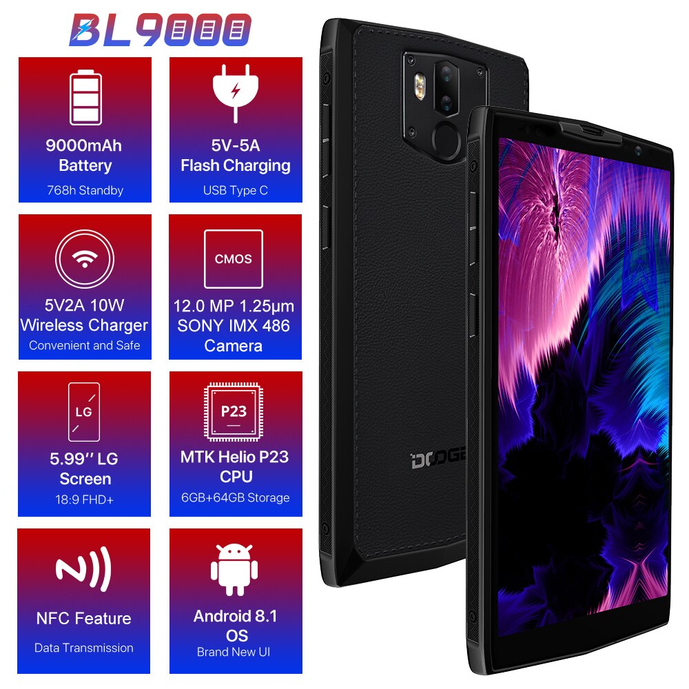 DOOGEE BL9000 Smartphone 5V5A Flash Charge 9000mAh Wireless Charge 6GB 64GB Helio P23 Octa Core 5.99" FHD+ Android 8.1