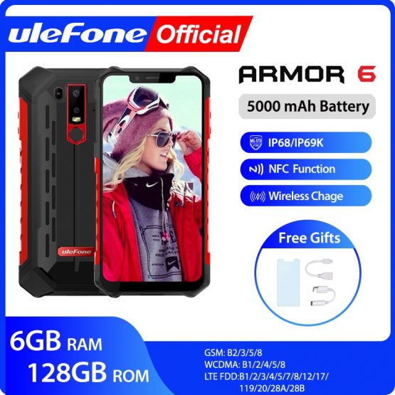 Ulefone Armor 6 IP68 Waterproof Mobile Phone Android 8.1 Helio P60 Octa Core 6GB 128GB Face ID NFC IP69K Rugged Smartphone