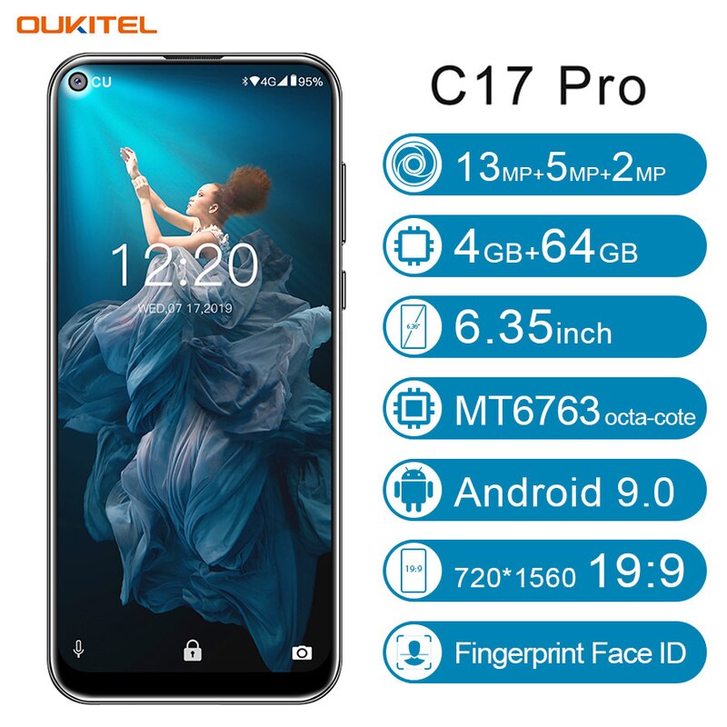OUKITEL C17 Pro Smartphone 4GB RAM 64GB ROM 6.35'' Android 9.0 19:9 MT6763 Face ID Octa Core 13.0MP 3900mAh 4G LTE Mobile Phone