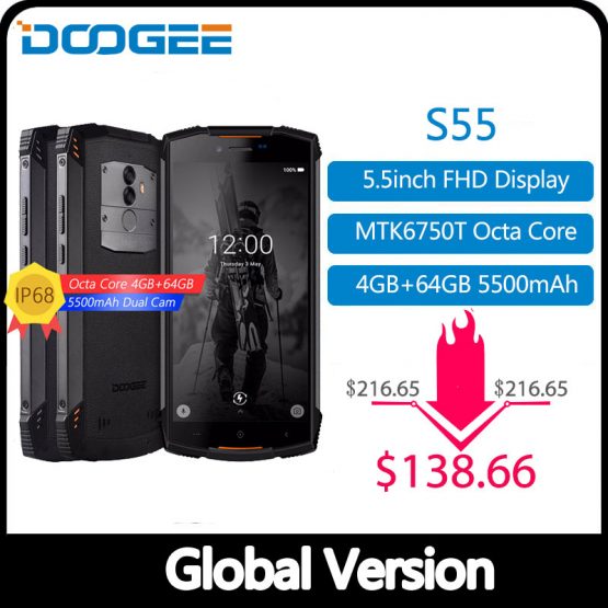 Real IP68 DOOGEE S55 waterproof Smartphone 4GB RAM 64GB ROM 5500mAh MTK6750T Octa Core 5.5inch Android 8.0 Dual SIM 13.0MP 4GLTE