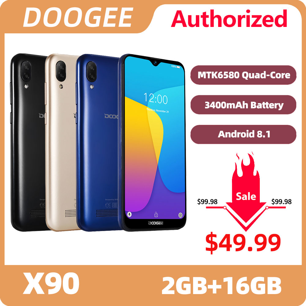 DOOGEE X90 Cellphone 6.1inch 19:9 Waterdrop Quad Core Android Go 1GB RAM 16GB ROM 3400mAh Dual SIM 8MP+5MP WCDMA Smartphone