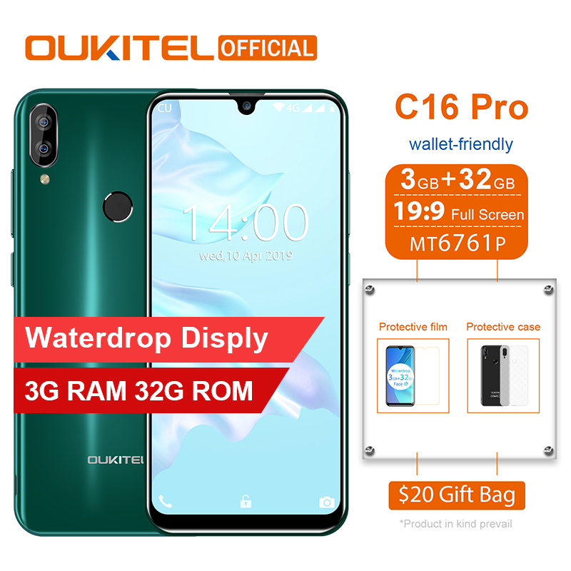 OUKITEL C16 Pro Smartphone 3GB 32GB MTK6761P Quad Core 5.71" Waterdrop Screen 19:9 Face ID Fingerprint LTE 2600mAh Mobile Phone