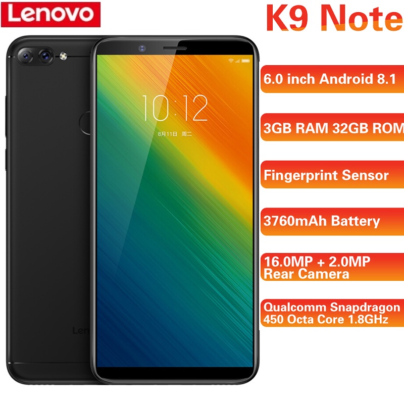 Lenovo K9 Note 4G Smartphone 6.0'' 18:9 Android 8.1 Qualcomm Snapdragon 450 Octa Core 1.8GHz 3GB+32GB 16.0MP Mobile Cellphones