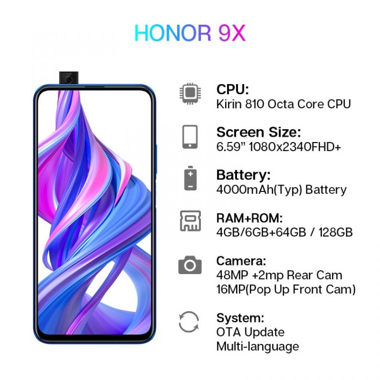 Honor 9X Smartphone Kirin 810 Octa Core 48MP Dual Camera 6.59'' Full Screen