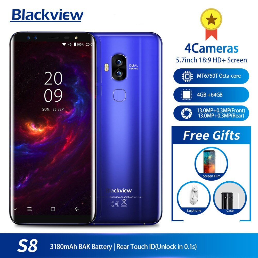 original Blackview S8 5.7" 18:9 HD MT6750T Octa Core Smartphone 4GB RAM 64GB ROM Dual SIM Fingerprint OTG 4G LTE Mobile Phone