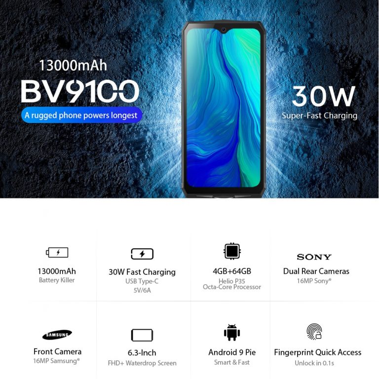 Blackview Android 9.0 Phone 6.3" Screen Smartphone IP68 Rugged Octa Core
