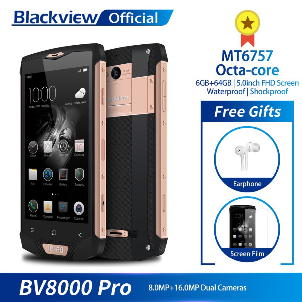 Blackview BV8000 Pro Smartphone Waterproof MT6757 Octa-Core 6GB RAM 64GB ROM Fingerprint Dual SIM Mobile Phone 16.0MP Camera NFC