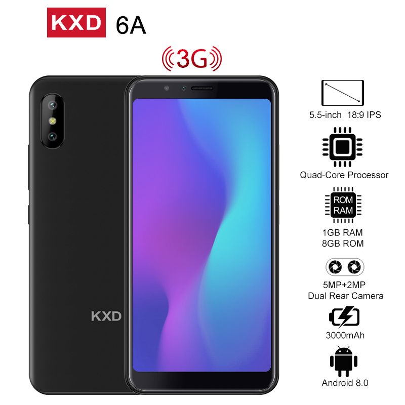 Ken xin da KXD 6A 1GB RAM 8GB ROM Quad Core Android 8.1 Mobile Phone 5.5'' IPS 2500mAh 5MP+2MP Face Unlock 3G WCDMA Smartphone