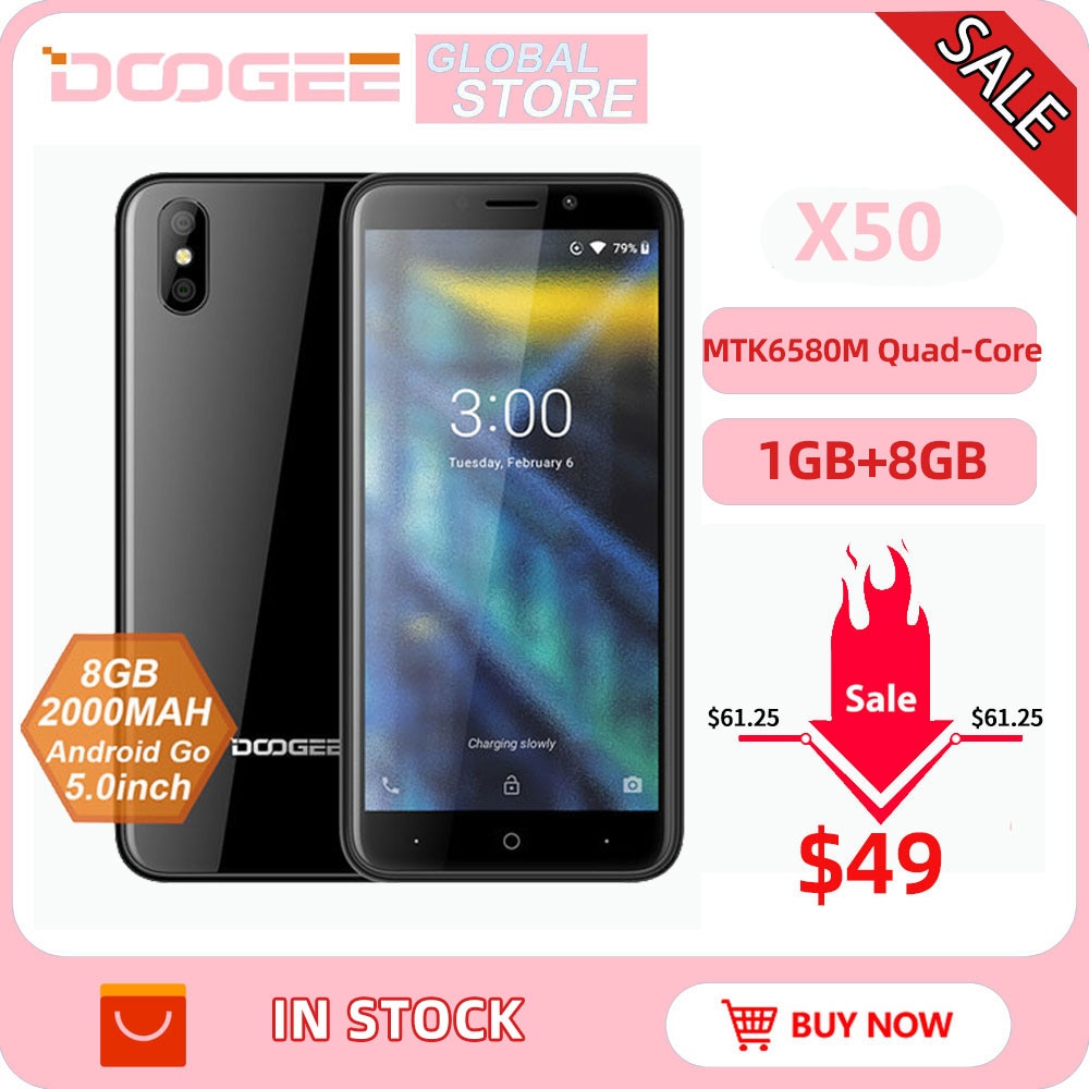 2018 New DOOGEE X50 mobile phone Android Go MTK6580M Quad-Core 1GB RAM 8GB ROM Dual Cameras 5.0inch 2000mAh Dual SIM Smartphone