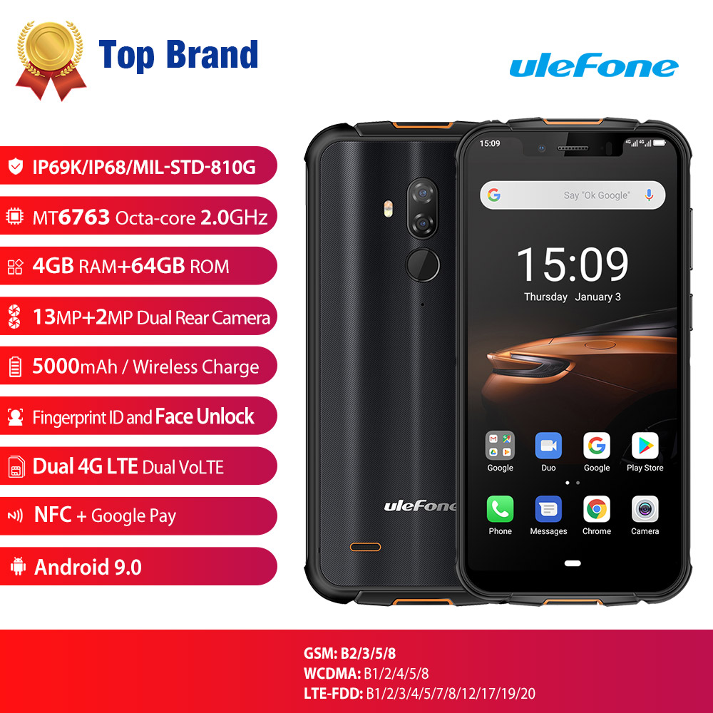 Ulefone Armor 5S 4G LTE Smartphone NFC Android 9.0 Rugged Mobile Phon 4GB+64GB Wireless Charge Waterproof IP68 MT6763 Otca-Core