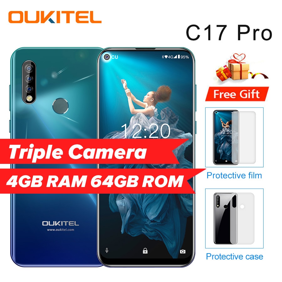 OUKITEL C17 Pro 6.35"19:9 Android 9.0 Mobile Phone MTK6763 Octa Core 4G RAM 64G ROM Dual 4G LTE Rear Triple Cameras Smartphone