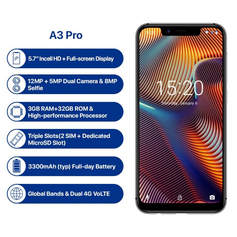 UMIDIGI A3 Pro Android 9.0 Global Band 5.7"19:9 FullScreen smartphone 3GB RAM 32GB ROM Quad core 12MP+5MP Face Unlock Dual 4G UMIDIGI A3 Pro Android 9.0 Global Band 5.7"19:9 FullScreen smartphone 3GB RAM 32GB ROM Quad core 12MP+5MP Face Unlock Dual 4G