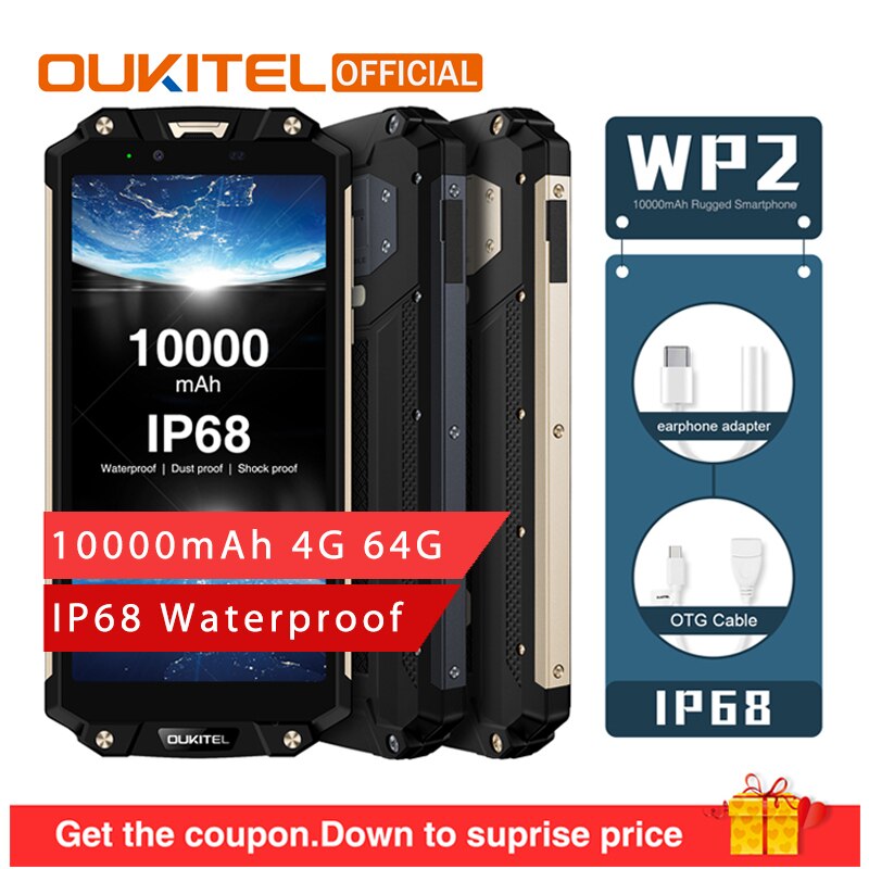 OUKITEL WP2 10000mAh IP68 Waterproof Dust Shock Proof Smartphone 4GB 64GB MT6750T Octa Core 6.0" 18:9 Fingerprint Mobile Phone