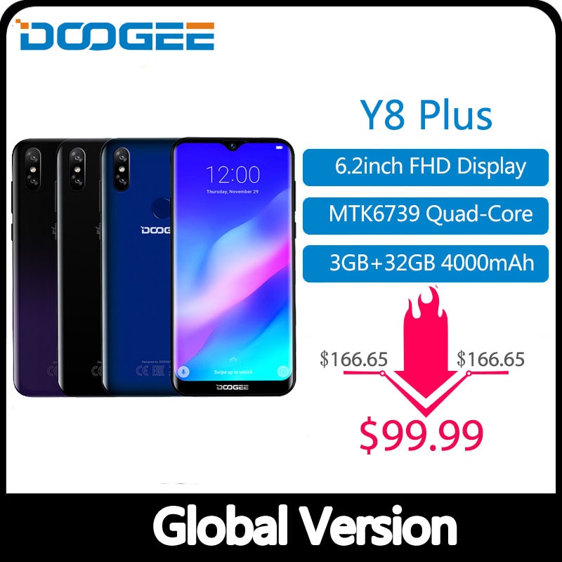 DOOGEE Y8 Plus MTK6761 3GB RAM 32GB ROM 4000mAh Android 9.0 FDD LTE 6.21inch 19:9 Waterdrop Screen Smartphone Dual SIM 13.0MP