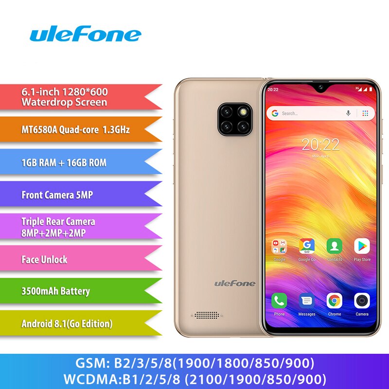 Ulefone Note 7 Smartphone 6.1 inch 19:9 Waterdrop Android 8.1 1GB+16GB Quad Core 3500mAh Face Unlock 3 Rear Camera Mobile Phone