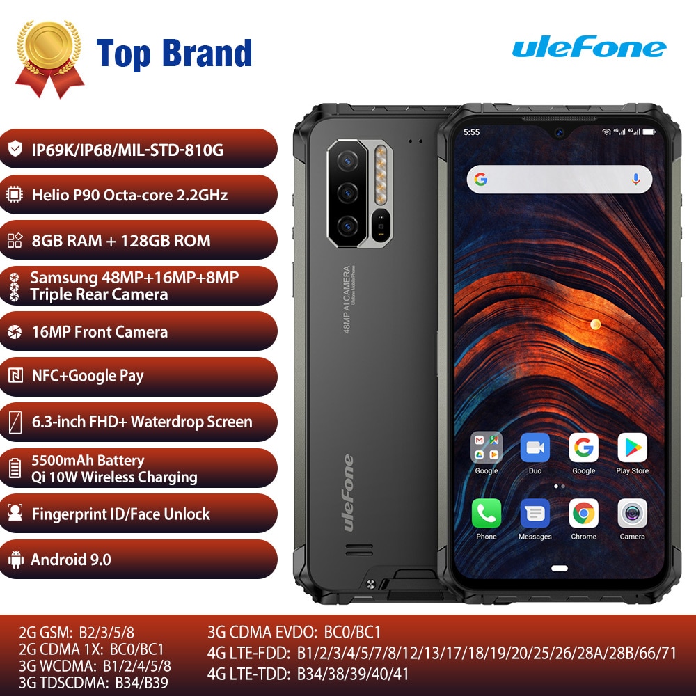 Ulefone Armor 7 8GB 128GB IP68 shockproof Mobile Phone Helio P90 Octa Core Android 9.0 48MP Camera 5500mAh 4G Rugged Smartphone
