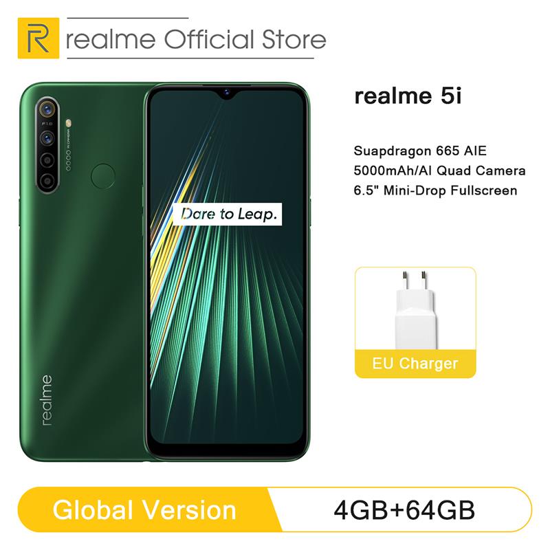 Global Version realme 5i 4GB RAM 64GB ROM Mobile Phone Snapdragon 665 AIE 12MP Quad Camera 6.5'' Cellphone 5000mAh Smartphone
