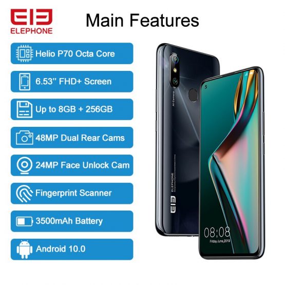 New ELEPHONE U3H Helio P70 Octa Core Smartphone 6GB 128GB 6.53" FHD+ 48MP Dual Rear Camera 24MP Selfie Bluetooth Android 10