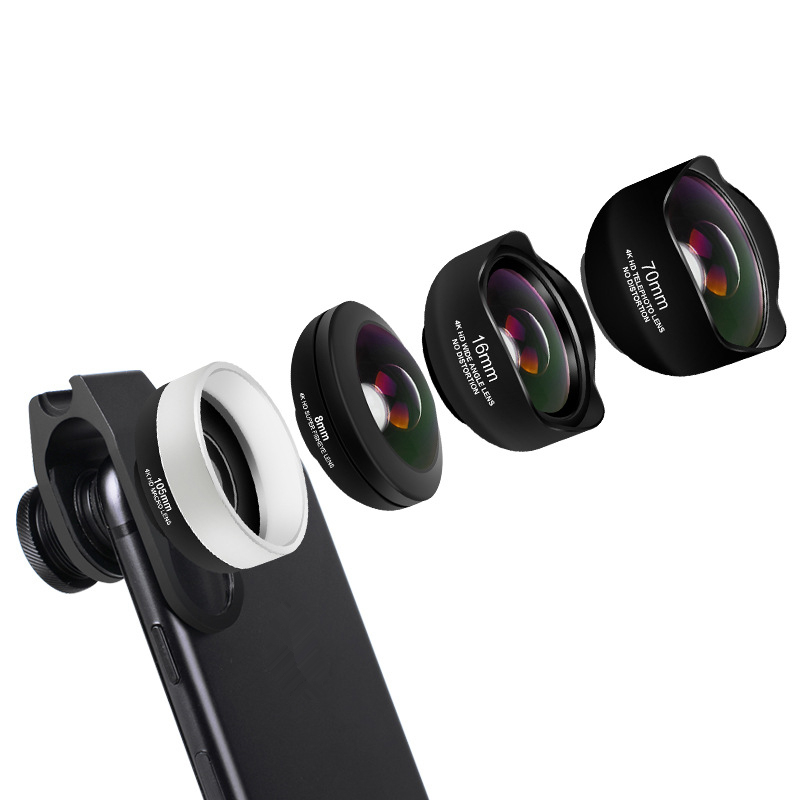 4 in 1 No Distortion Phone Camera Lens Kit Fisheye Wide Angle Macro Telephoto Lenses with Clips Lentes for Most of Smartphones