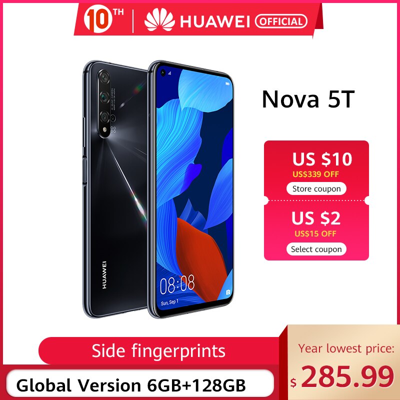 Global Version Huawei Nova 5T 5 T 6GB 128GB Smartphone 48MP Cameras 32MP Front Camer 6.26'' Kirin 980 Android 9 Charger 22.5W