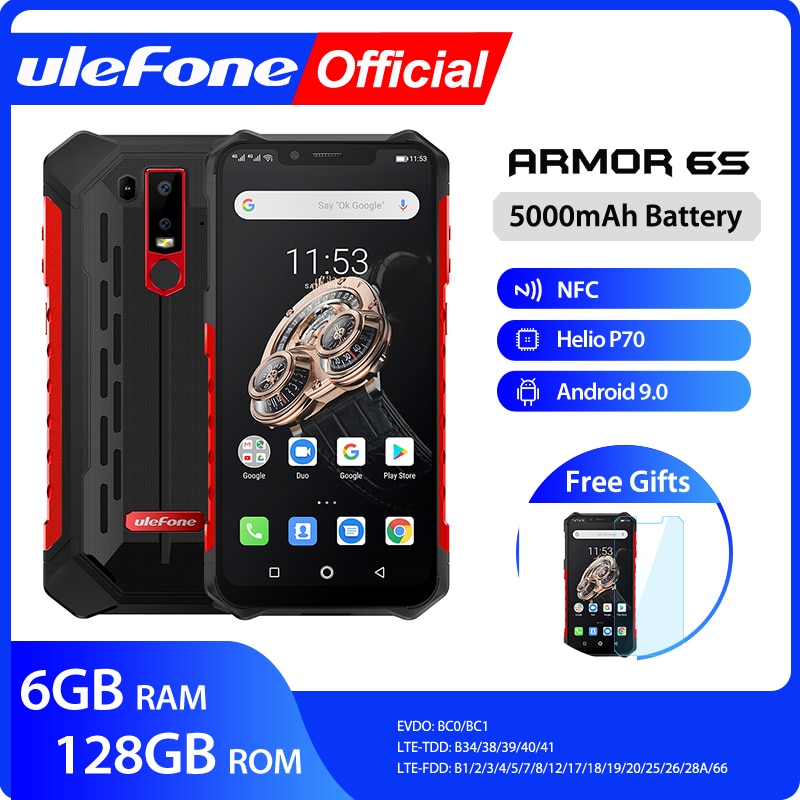 Ulefone Armor 6S Waterproof IP68 NFC Rugged Mobile Phone Helio P70 Android 9.0 6GB 128GB wireless charge Smartphone