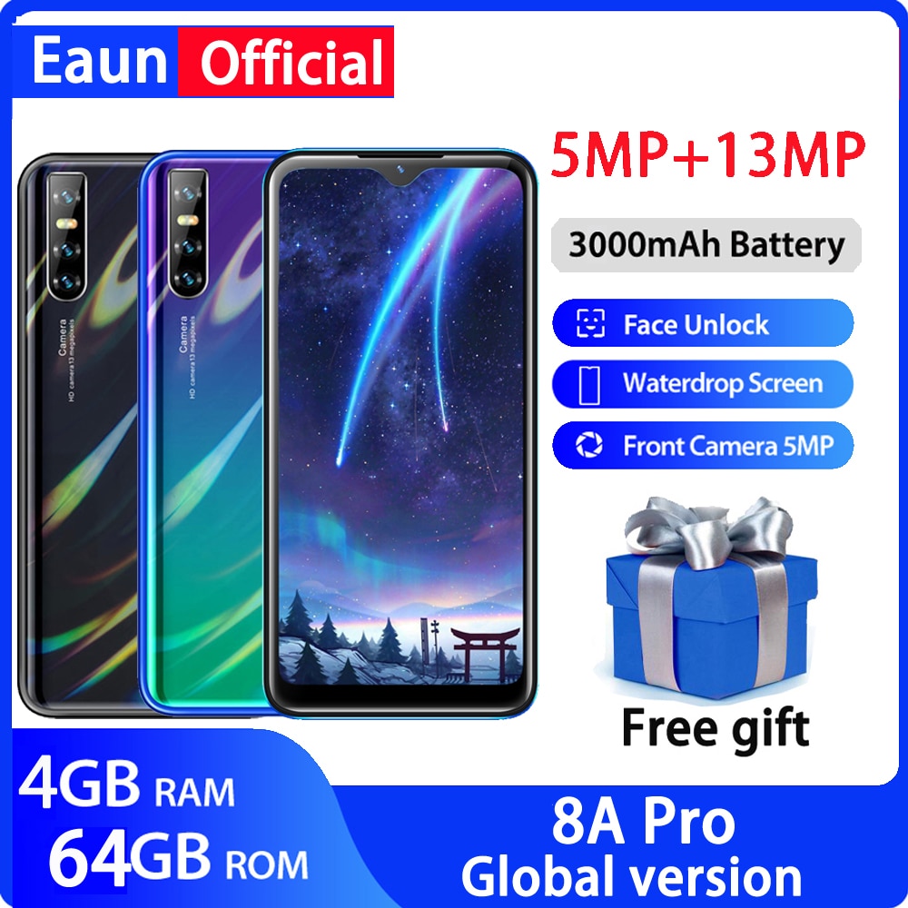 8A Pro 4G RAM 64G ROM mobile phones Android MTK6580 Quad core 13MP face ID 6.26" water drop screen Global version smartphones