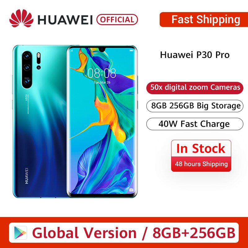 Global Version Huawei P30 Pro Smartphone 50x digital Zoom 8GB 256GB Quad Camera 6.47'' Full Screen OLED Kirin 980 Octa Core NFC