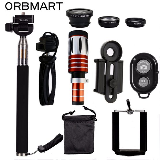 ORBMART 50X Telescope + 3 in 1 Fish Eye Lens + Extendable Handheld Selfie Stick + Bluetooth Shutter Lense Kit For Smartphone