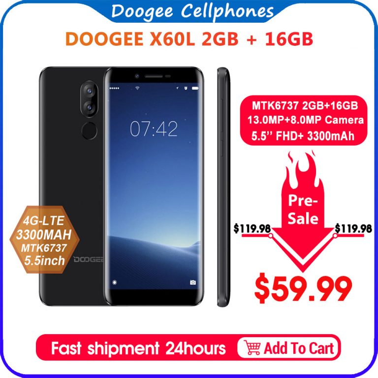 DOOGEE X60L 5.5'' 4G Network MTK6737 Quad Core 2GB RAM 16GB ROM 4G Dual Camera 13.0MP Android 7.0 3300mAh fingerprint Smartphone