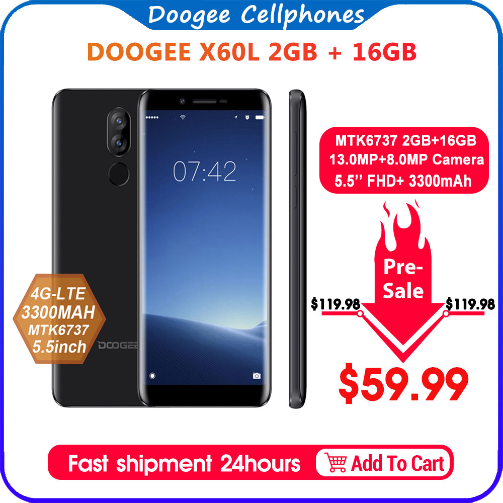DOOGEE X60L 5.5'' 4G Network MTK6737 Quad Core 2GB RAM 16GB ROM 4G Dual Camera 13.0MP Android 7.0 3300mAh fingerprint Smartphone