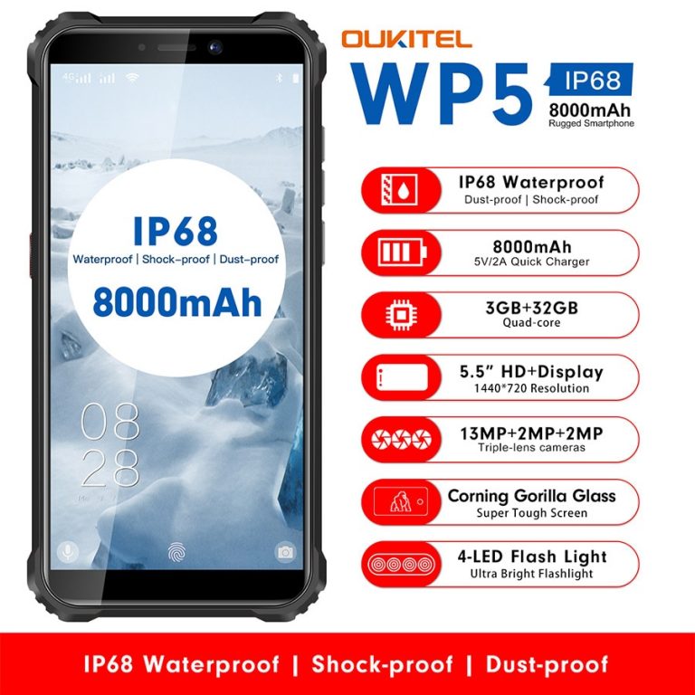 OUKITEL WP5 5.5"18:9 Android 9.0 Mobile Phone Quard Core 5V/2A 8000mAh
