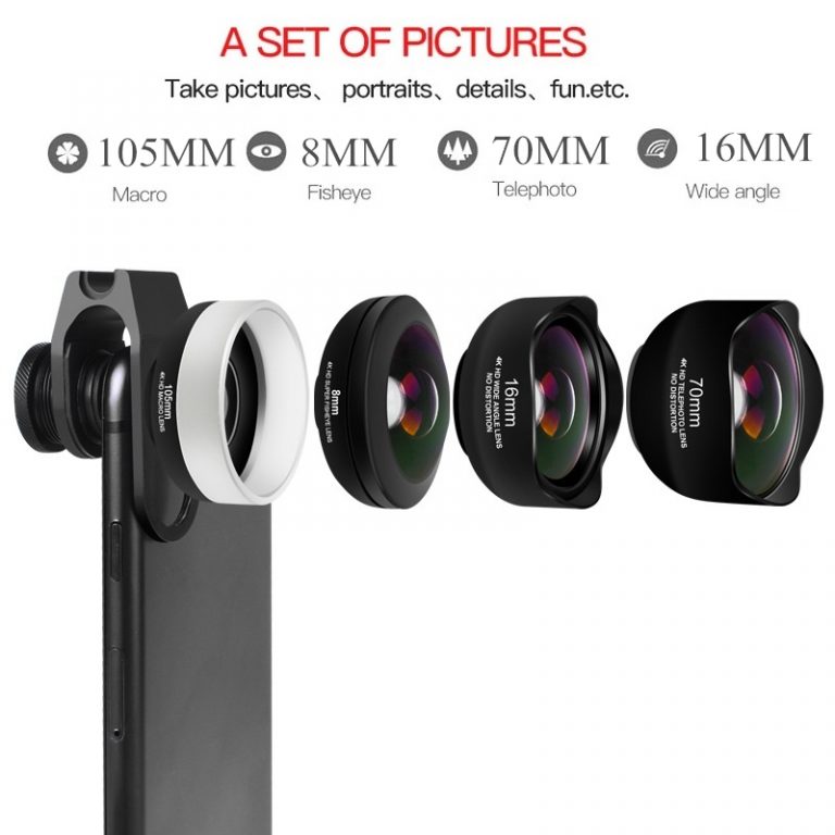 4 in 1 No Distortion Phone Camera Lens Kit Fisheye Wide Angle Macro Telephoto