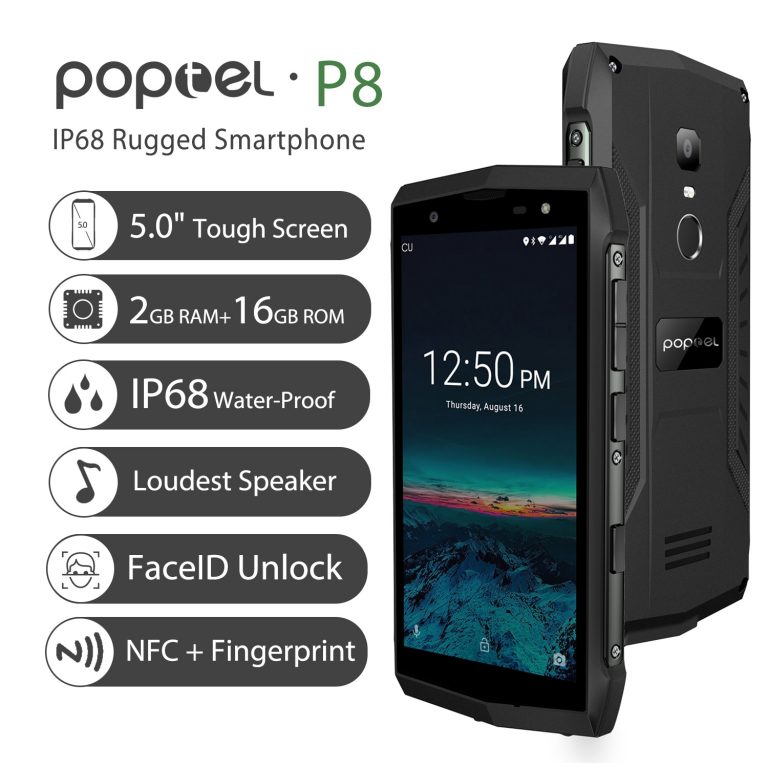 Poptel P8 5.0" IP68 Waterproof Smartphone Android 8.1Quad Core cellphone