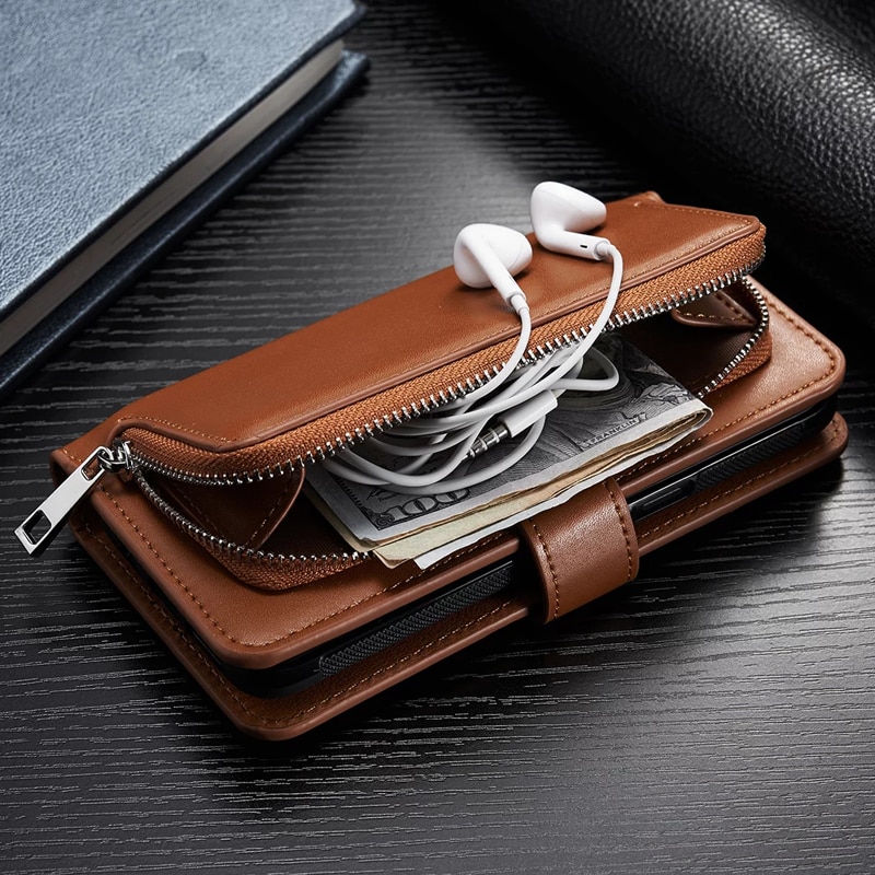 Zipper Leather Wallet Phone Case For iPhone 11 Pro Max XS XR 6S Plus 7 8 X SE 2020 Flip Cover Detachable Magnet Closure Handbag