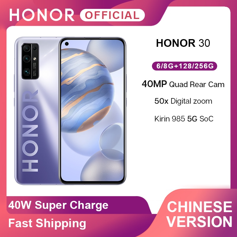 New Arrival Honor 30 5G Smartphone Kirin 985 6.53'' 40MP Quad Rear Cam 50x Digital Zoom Mobile Phones Android 10 SuperCharge 40W
