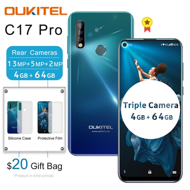 OUKITEL C17 Pro 6.35" 19.5:9 Android 9.0 Mobile Phone MTK6763 Octa Core 4G 64G Dual 4G LTE Triple Camera 13MP Face ID Smartphone