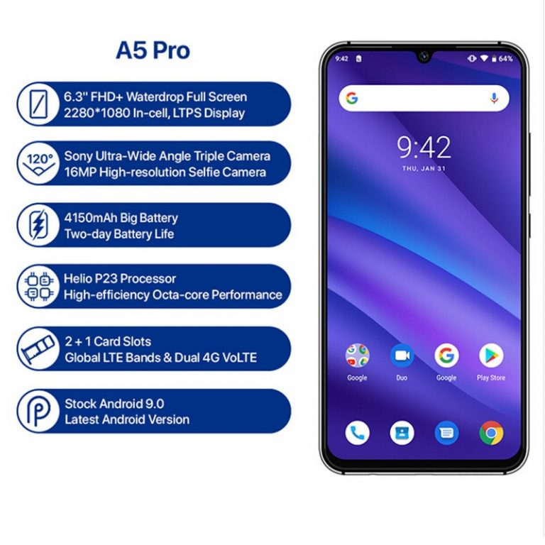 UMIDIGI A5 PRO Dual 4G Sim Smartphone Android 9.0 6.3" 19:9 Waterdrop Screen